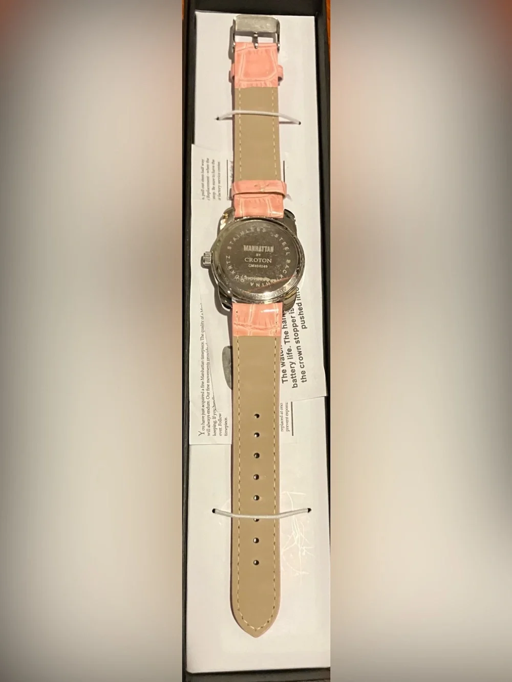 NEA Manhattan by Croton Pink Leather Band Crystal Accent Wristwatch Women’s